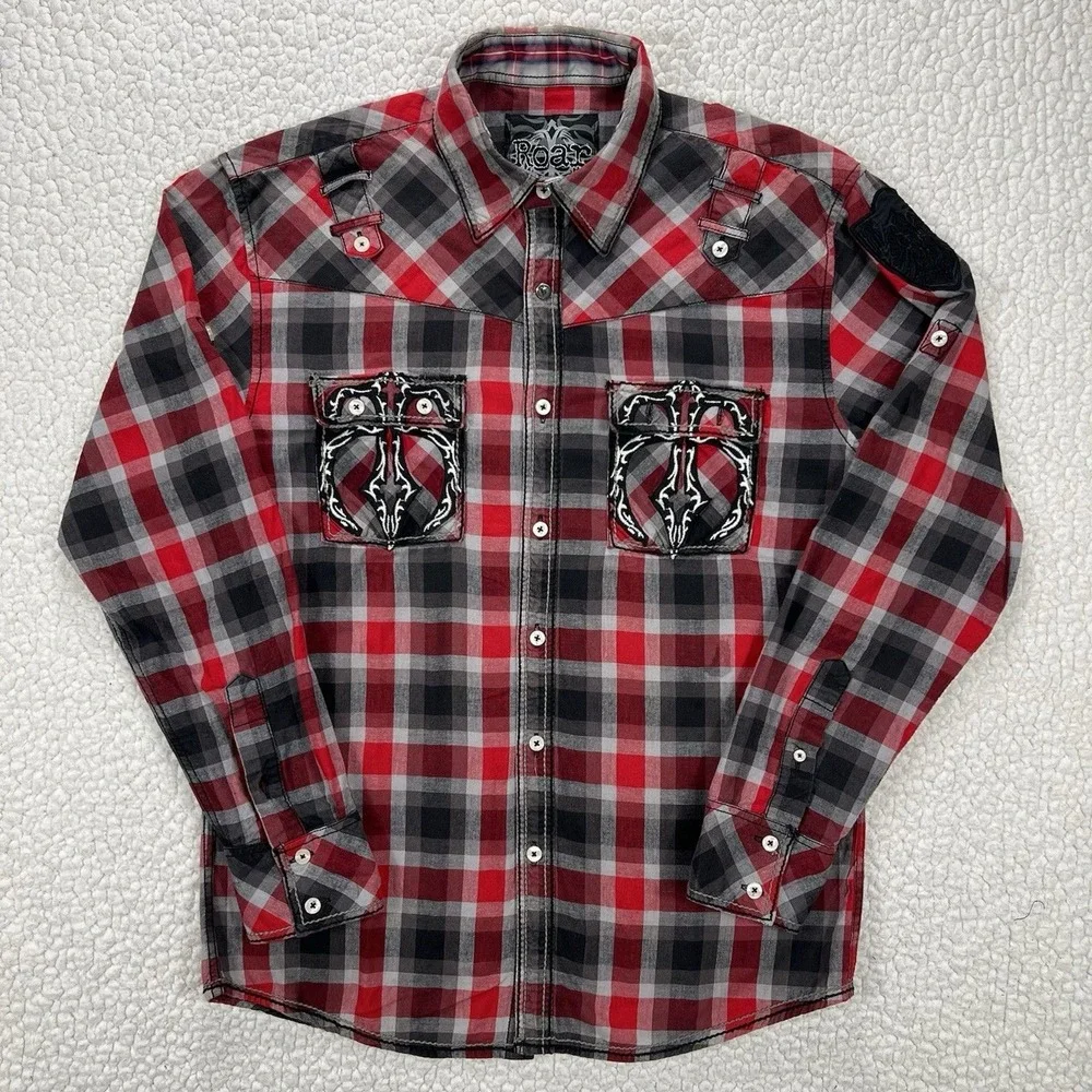 Roar‎ Buckle Button Up Shirt Mens Medium Red Black Plaid Y2K Western Embroidered